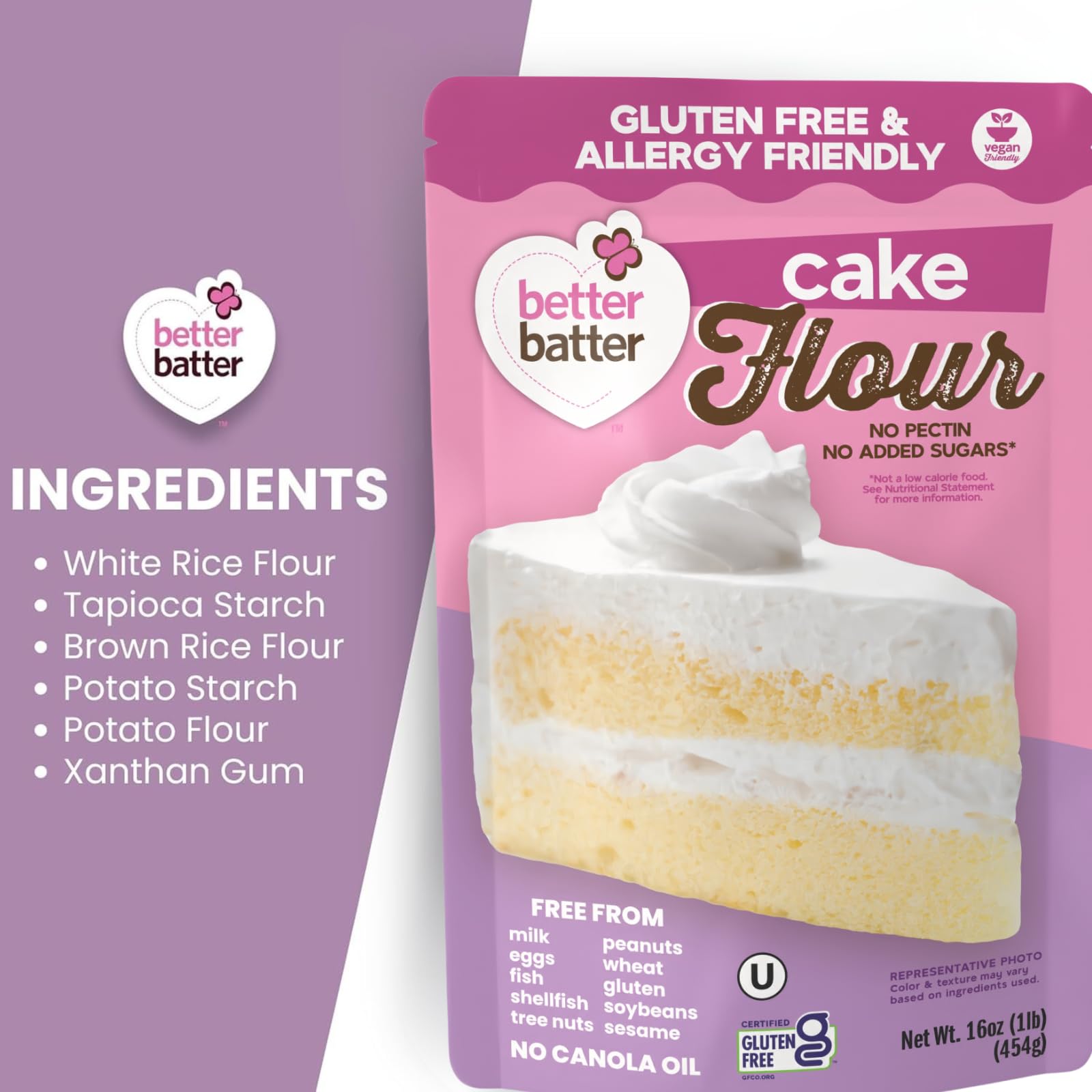 Better Batter Gluten-Free Cake Flour 1LB - Certified GF, Top 9 Allergen-Free, Vegan & Kosher Baking Mix - Premium Blend for Cakes, Quick Breads, Pancakes & Waffles - Smooth Texture, Rich Flavor, Safe for All Diets