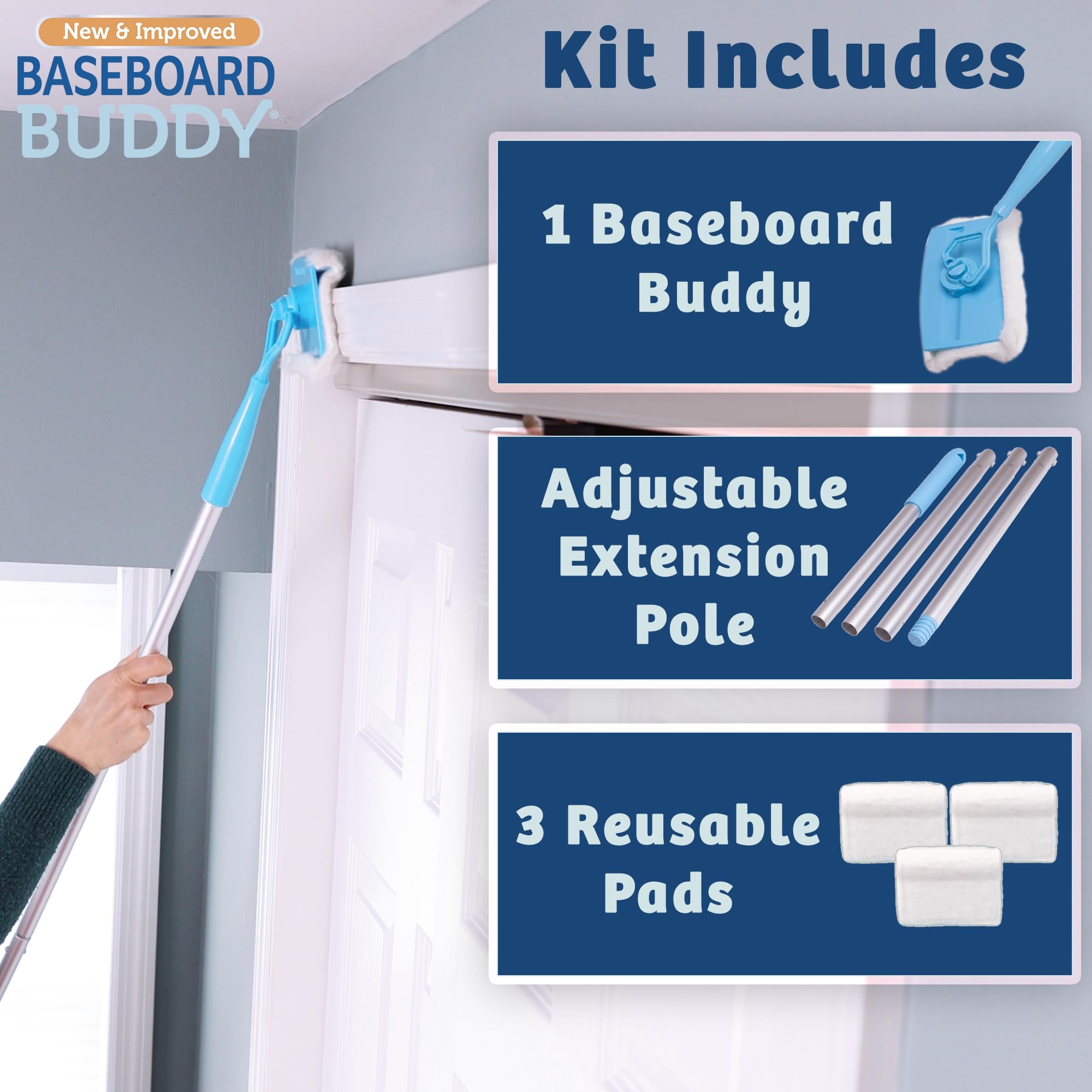 Baseboard Buddy | Lightweight Home Cleaning Essential, Perfect for Baseboards, Moldings & Walls, Glide & Wipe Trapping & Locking Dirt & Dust | As Seen