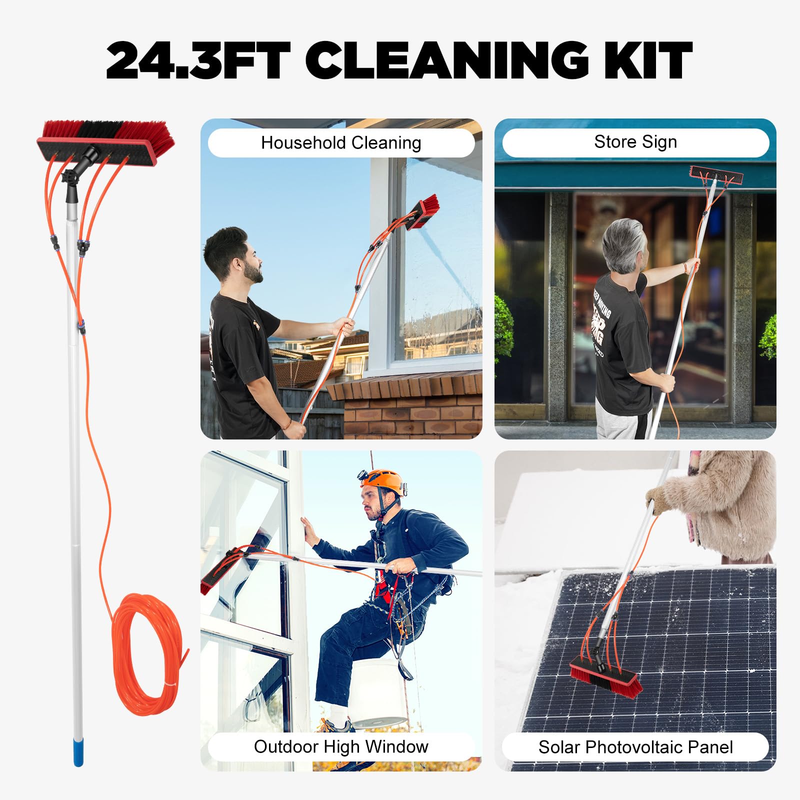 Akynjtbca 26ft Window Cleaning Kit, Solar Panel Cleaning Brush & Squeegee Kit, Aluminum Extendable Water Fed Pole Kit, Outdoor Window Washing