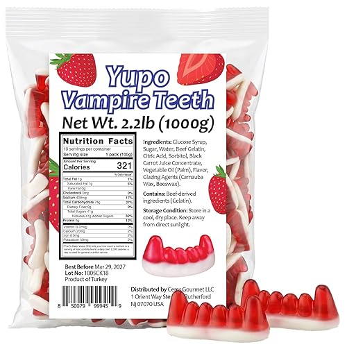 Ceres Gourmet Vampire Teeth Gummy Halloween Candy 2.2 lb (1 kg), Bulk Strawberry Flavored Fun Body Part Shaped Chewy Gummies and Candies, Big Size