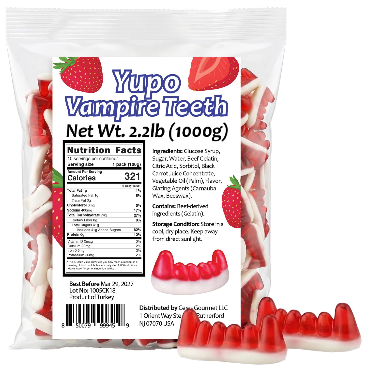 Ceres Gourmet Vampire Teeth Gummy Halloween Candy 2.2 lb (1 kg), Bulk Strawberry Flavored Fun Body Part Shaped Chewy Gummies and Candies, Big Size