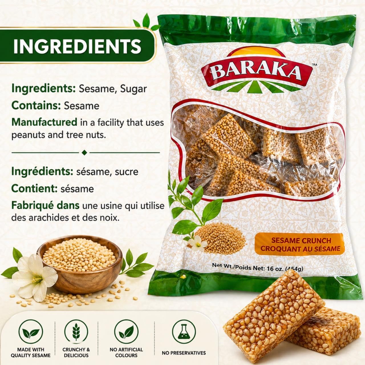 Sesame Crunch Candy, Individually Wrapped Sesame Bars, Sweet Sesame Snack, Crunchy & Delicious Treat, 16 oz (454g)