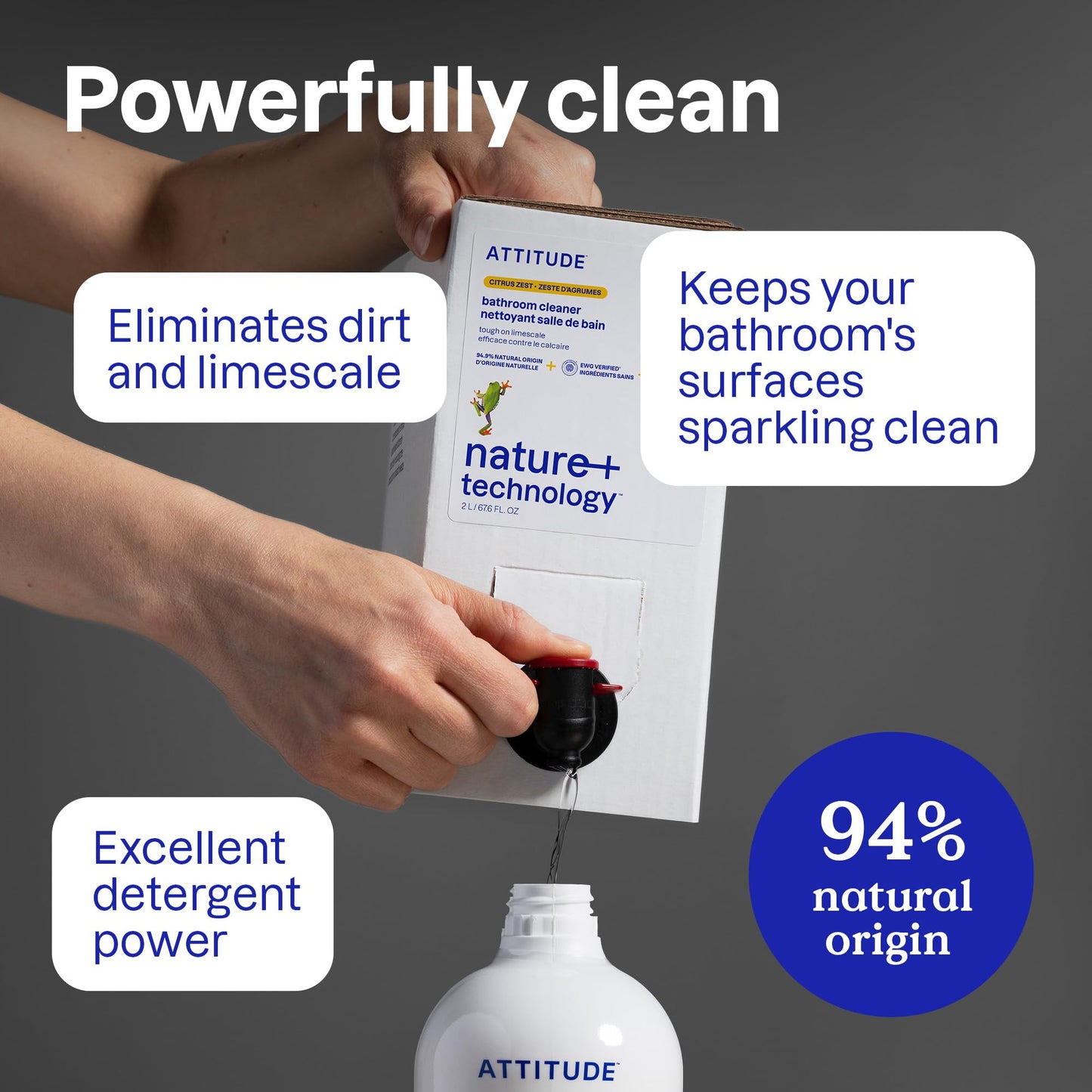 ATTITUDE Bathroom Cleaner Spray, EWG Verified, Plant-Based & Vegan, Safe for Bathroom Surfaces, Tiles, Tubs, Shower Walls, and Grout, Unscented, 27.1