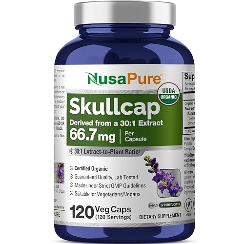 NusaPure Organic Skullcap Root Capsules, 66.66 mg, 120 Veg Capsules (Non-GMO, USDA, Vegan)