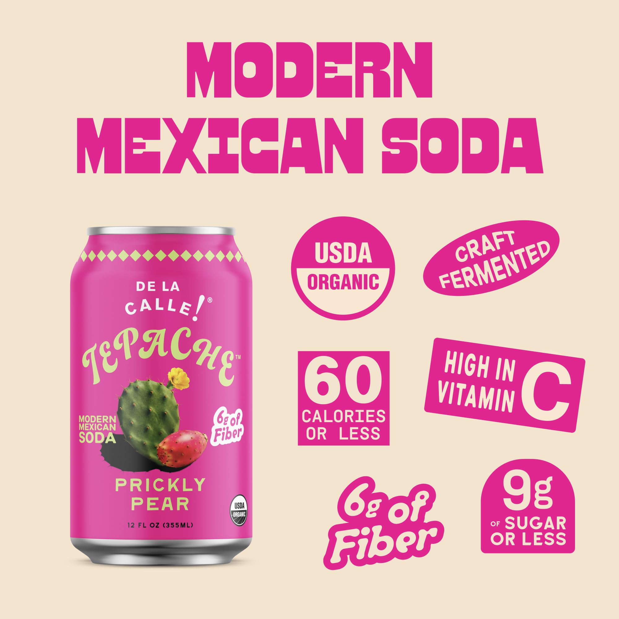 De La Calle Tepache - Cactus Prickly Pear - Modern Mexican Soda - Craft Fermented Pineapple Sparkling Beverage - Certified Organic, Non-Alcoholic
