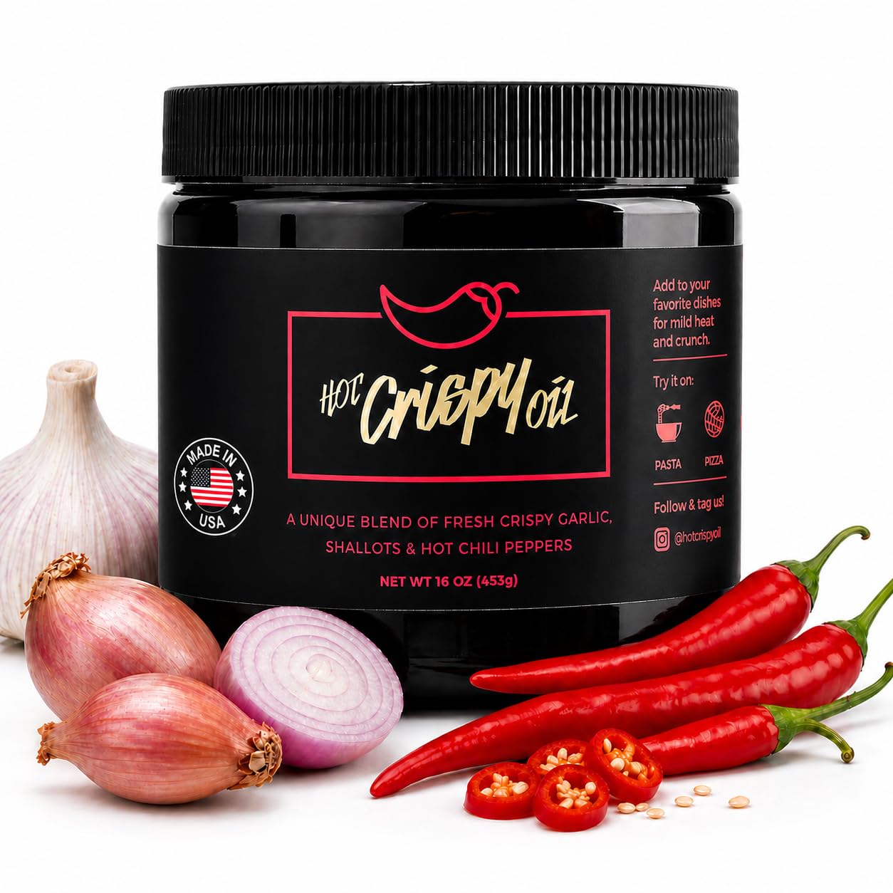 The "Hot Tub" from Hot Crispy Oil, Unique Blend of Fresh Crispy Garlic, Shallots, Hot Chili Peppers and Olive Oil, 16 oz Chili Crisp Oil