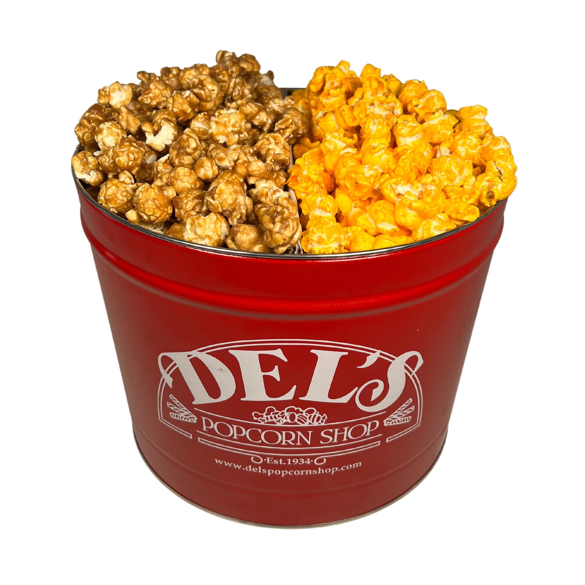 2 Gallon Popcorn Tin Gift - Half Cheese/Half Caramel Gourmet Popcorn Gift Tin - Del's Popcorn Shop