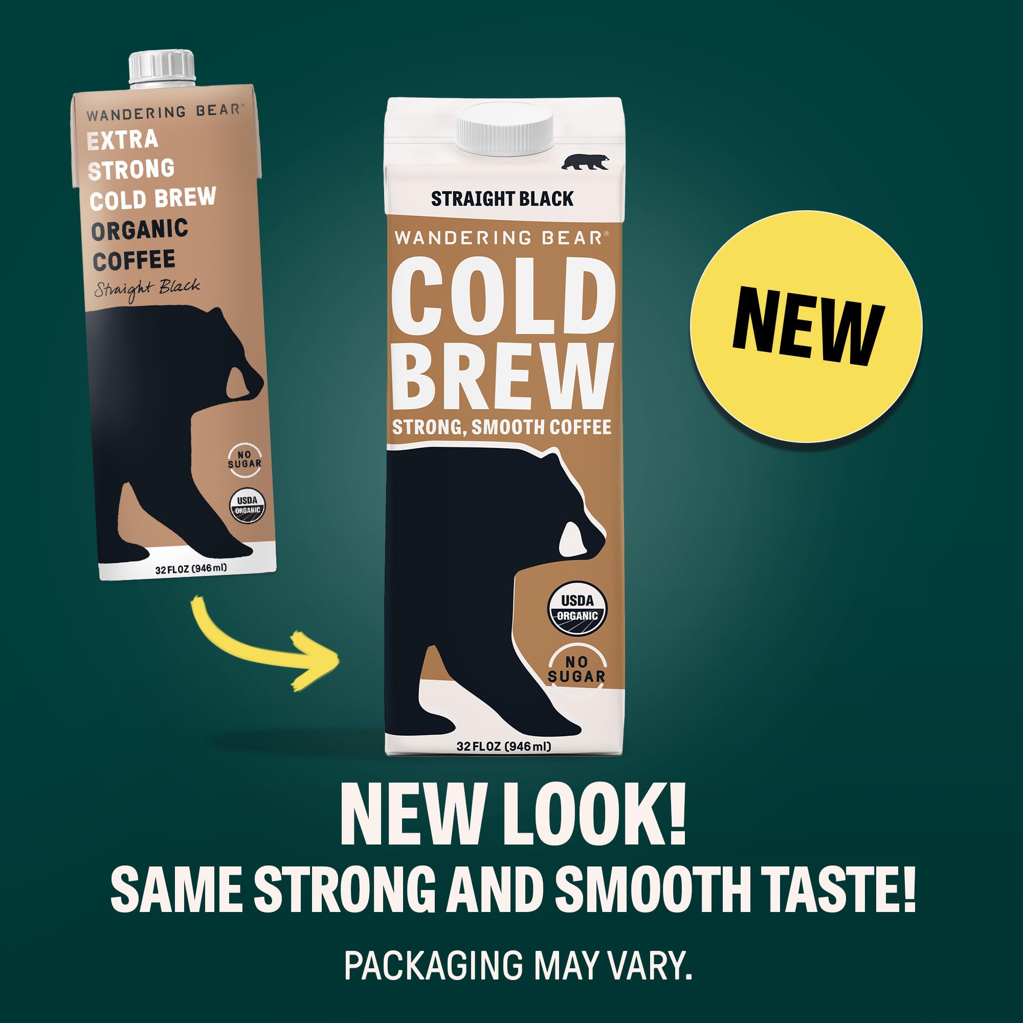 Wandering Bear Extra Strong Organic Cold Brew Coffee, Straight Black, 32 fl oz, 1 pack - Smooth, Organic, Unsweetened, Shelf-Stable, and Ready