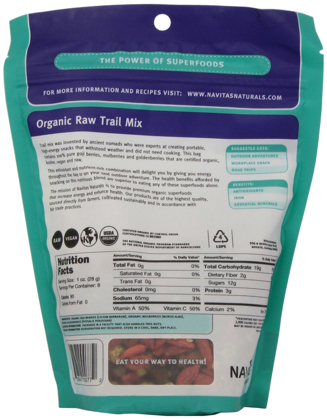Navitas Naturals Organic Raw Trail Mix (Goji-Mulberry-Goldenberry), 8 Ounce Pouch, 8 Servings.