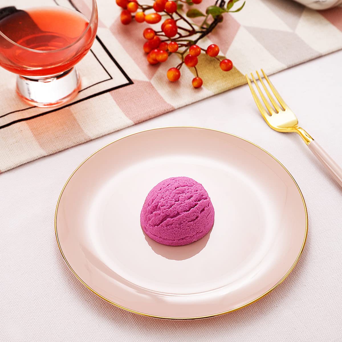LIYH 96 Pcs Pink and Gold Disposable Plastic Dessert Plates and Forks Set - 7.5" Plastic Appetizer Plates & 9" Gold Cake Forks for Tea Parties