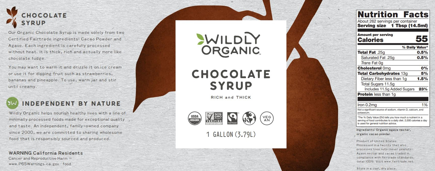 Wildly Organic Chocolate Syrup 128 Fl Oz, 1 Gallon - Organic, Dairy-Free, Fair Trade, Non-GMO, Kosher, Vegan, Premium Rich Chocolate Flavor - Perfect