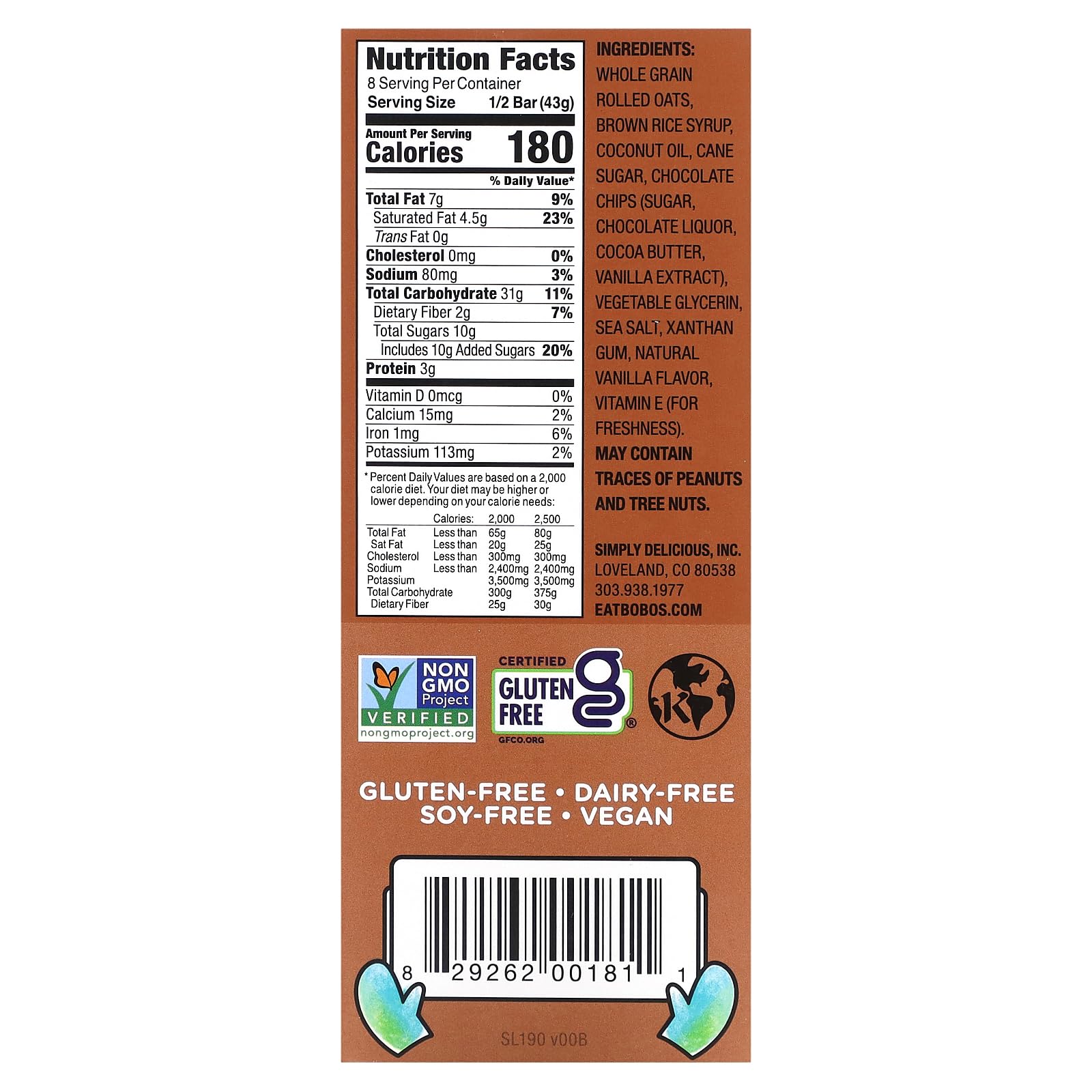 Bobo'S Oat Bars Chocolate Chip Oat Bar 4 Count, 3 Oz