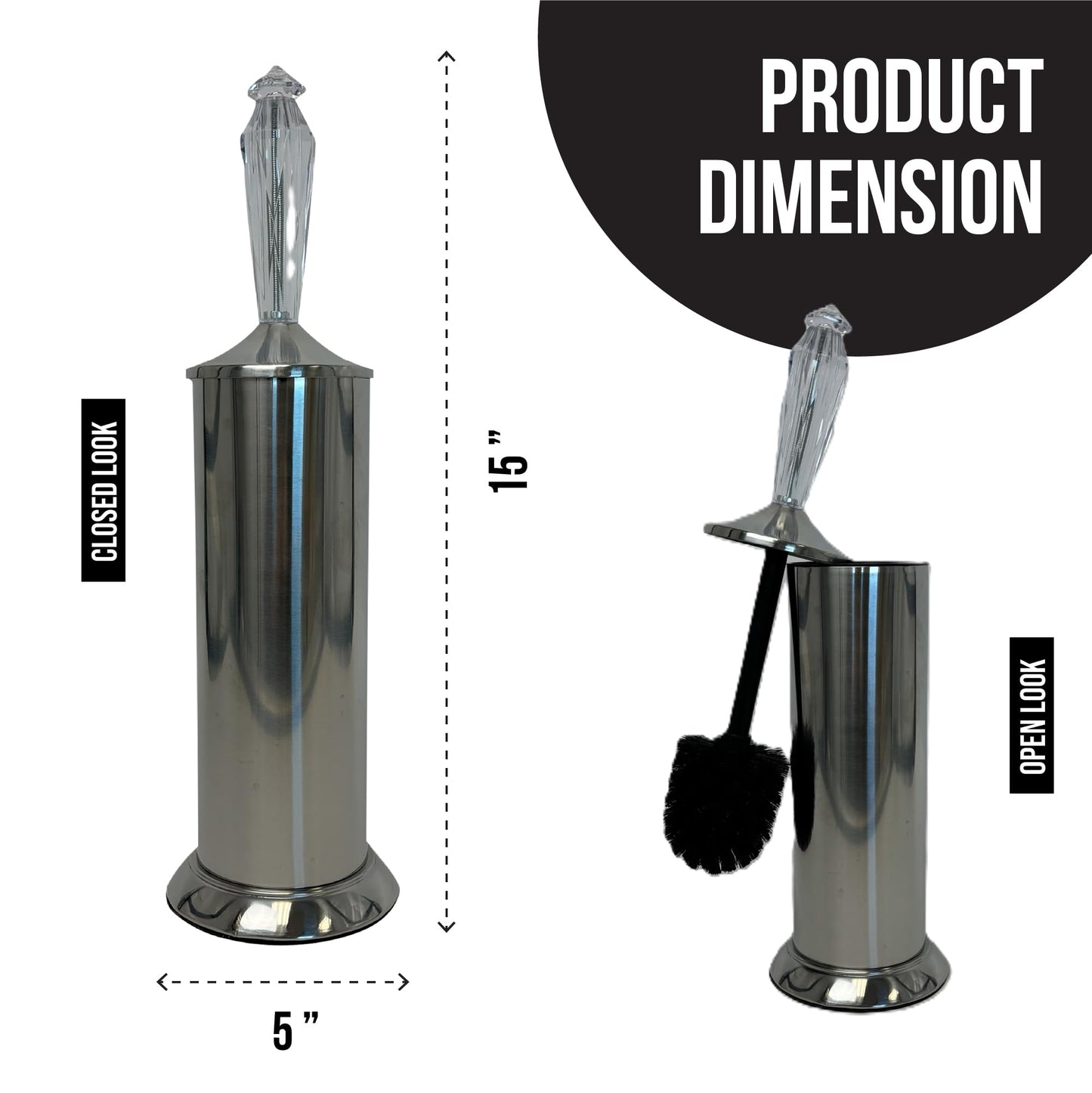 Splash Home Adora Stainless Steel Toilet Brush with Holder, Bowl Scrubber with Durable Cleaning Bristles, Hidden Brush with Splash Protective Disc