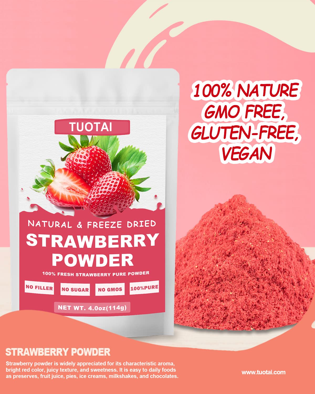 TUOTAI Freeze Dried Strawberry Powder, 4 Ounces, Strawberry Powder for Smoothie, Cake, Drinks and Baking Food