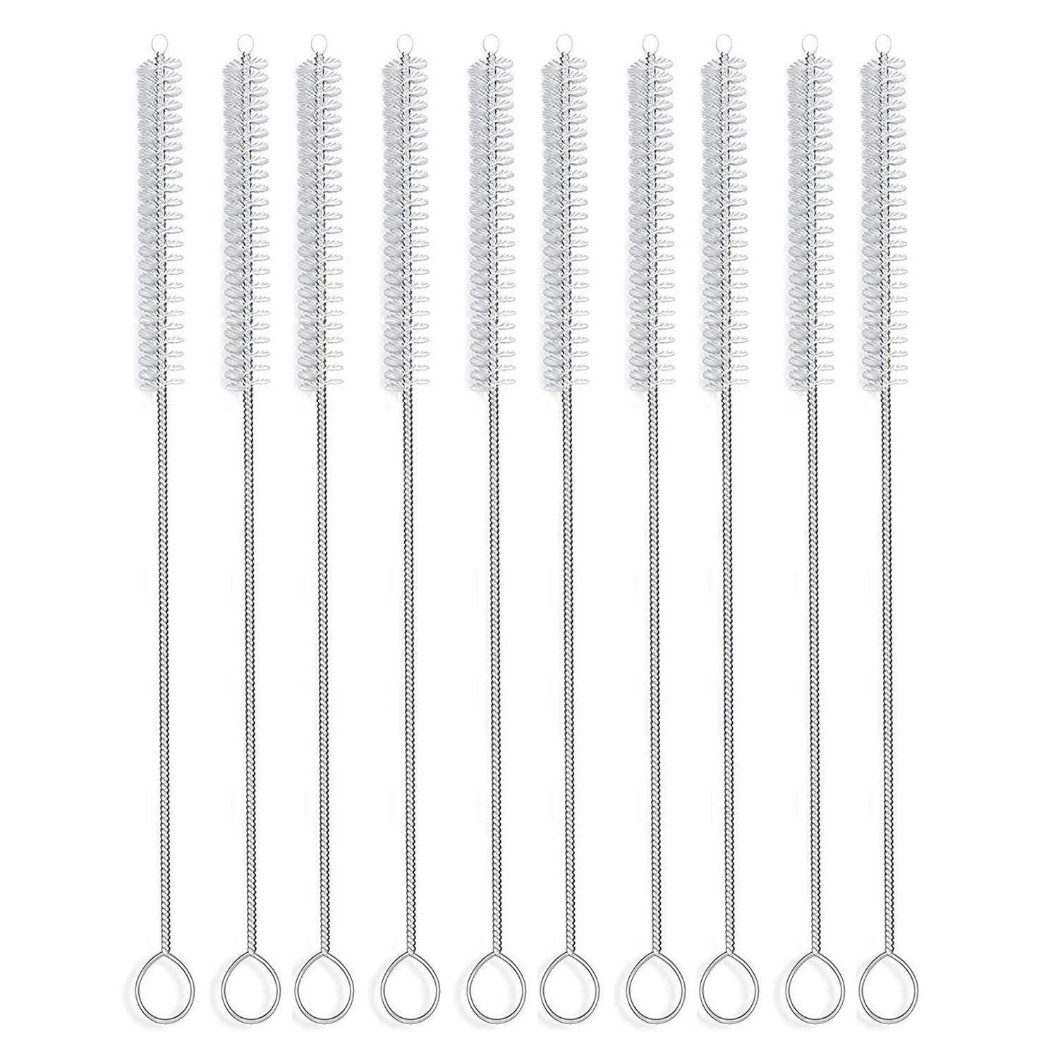 Long Straw Brush Cleaner (10 Pack), Flexible Nylon Tube Cleaning Brushes with 0.4" Bristles, Rust-Proof Stainless Steel Wire Washer for Reusable