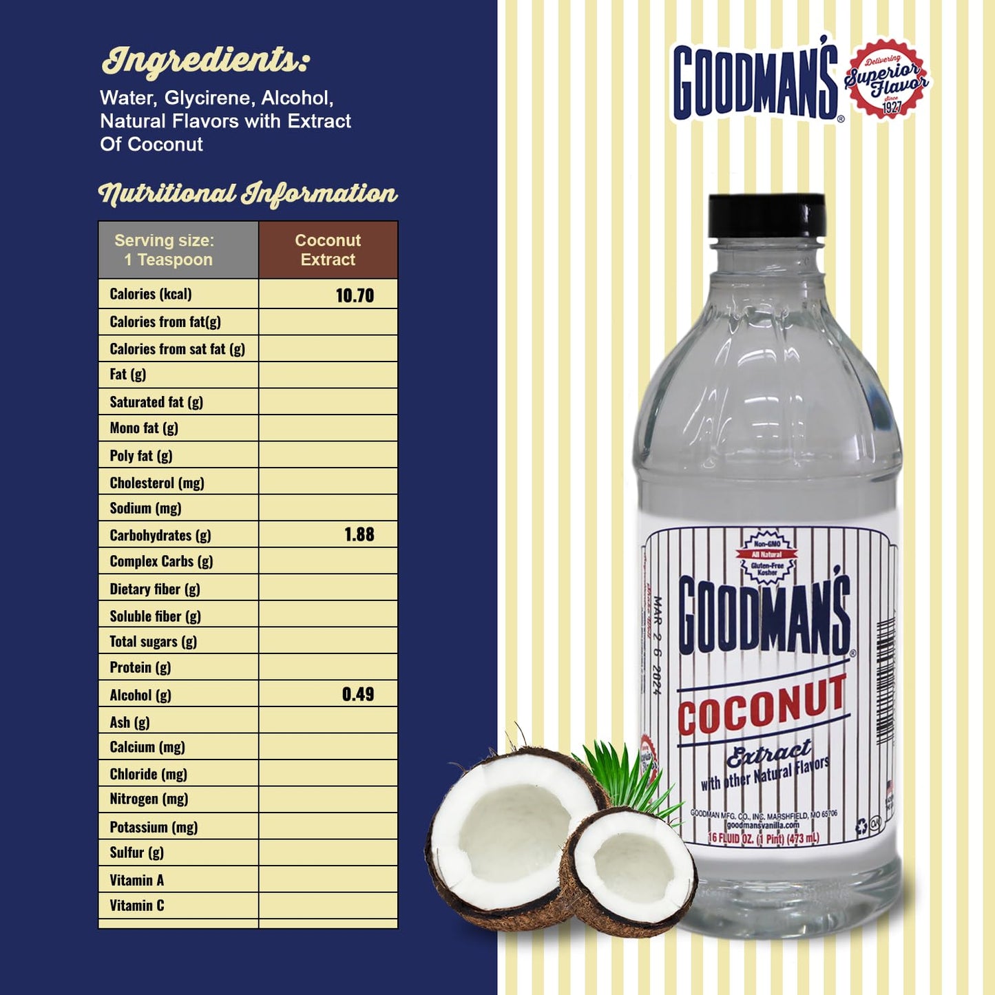Goodman's Coconut Extract - Gluten-Free, Non-GMO, Kosher - Enhance Your Recipes with Tropical Coconut! Ideal for Whipped Toppings, Puddings, Cakes