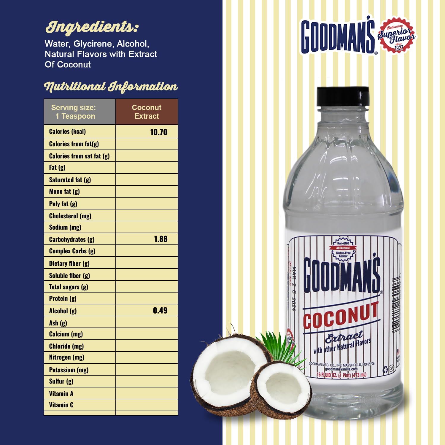 Goodman's Coconut Extract - Gluten-Free, Non-GMO, Kosher - Enhance Your Recipes with Tropical Coconut! Ideal for Whipped Toppings, Puddings, Cakes