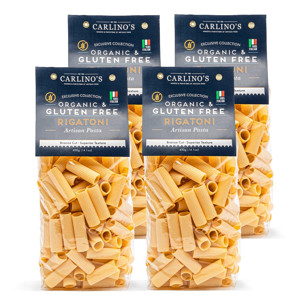Carlino's Gluten-Free Rigatoni | Organic Corn and Rice Flour | Bronze Die Cut | Air Dried | Sugar-Free | Superior Texture, USDA Organic, Made in