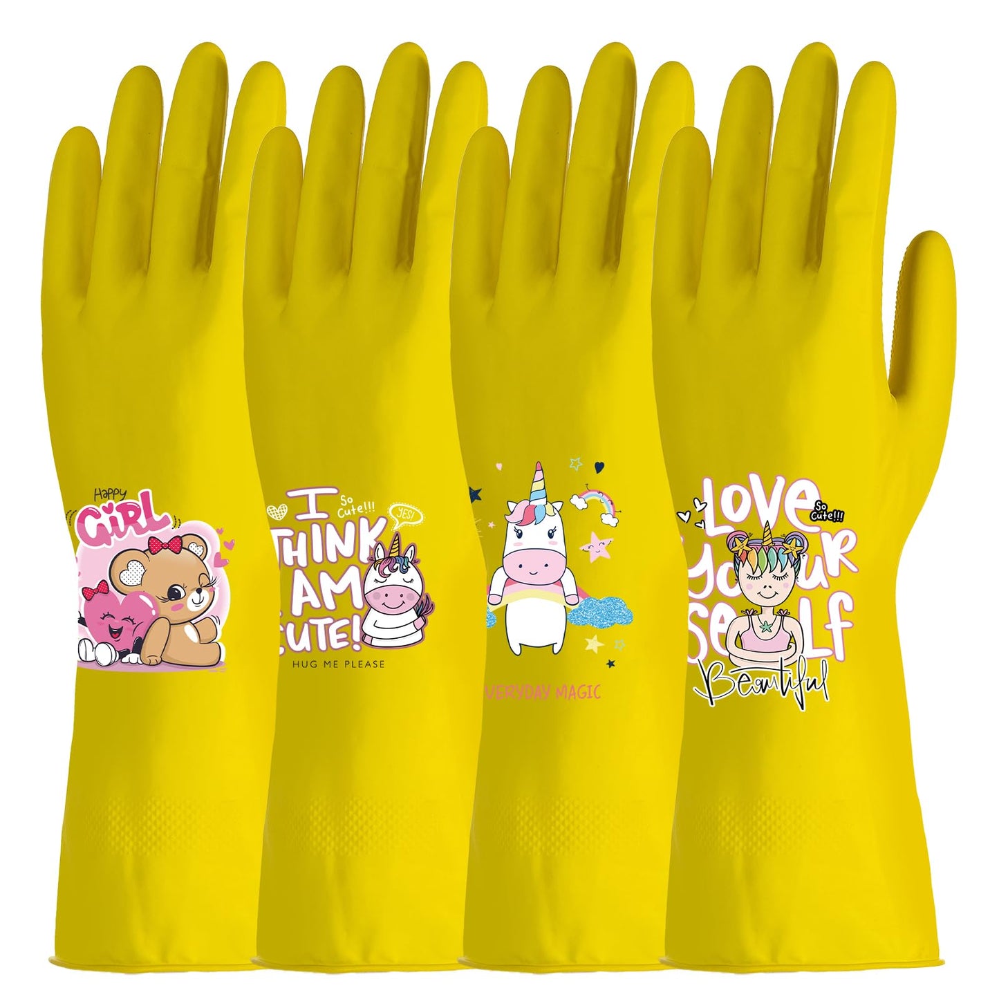ROYIPAI 4 Pairs Kitchen Rubber Cleaning Supplies Cute Patterns Gloves Household Cleaning Gloves For Dishwashing (so cute serial 1, Large)