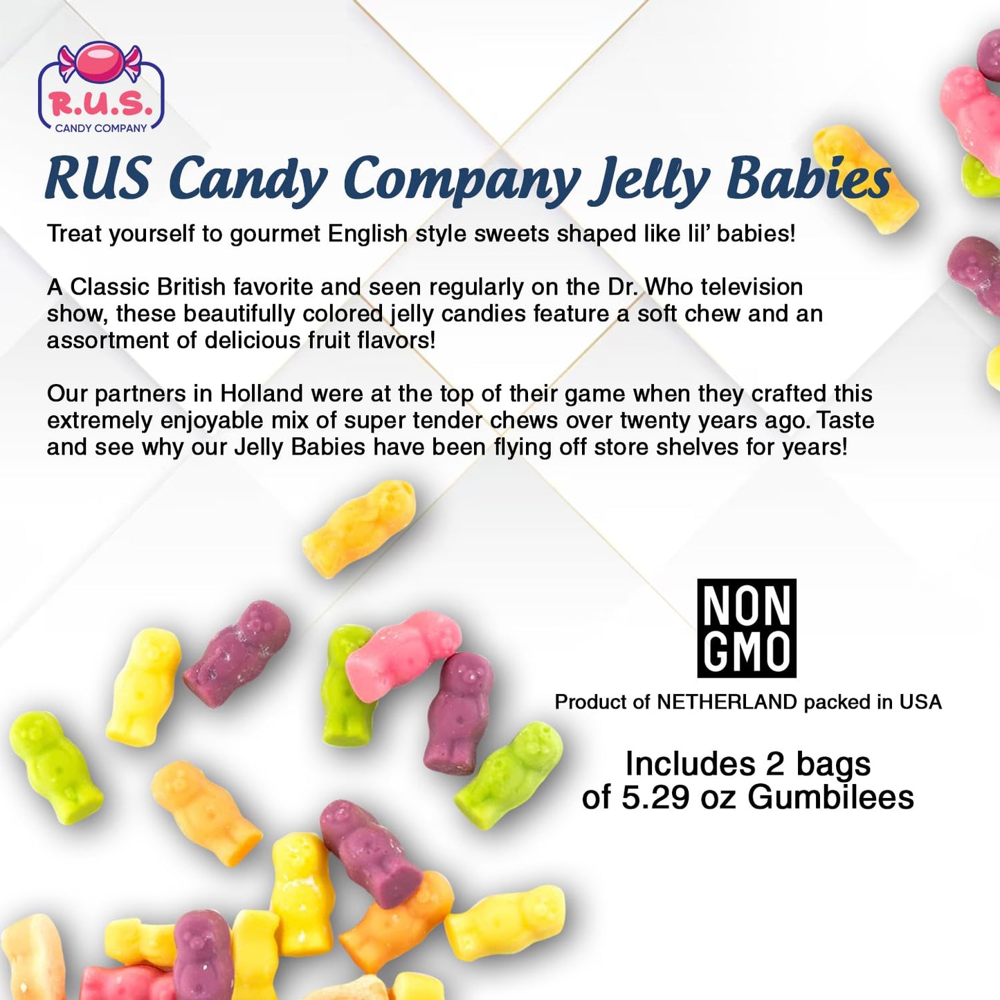Jelly Babies English Style Sweets by RUS Candy Company, 2 Pack - 5.29 oz Each | Classic British Candy | Imported Treats (Jelly Babies)