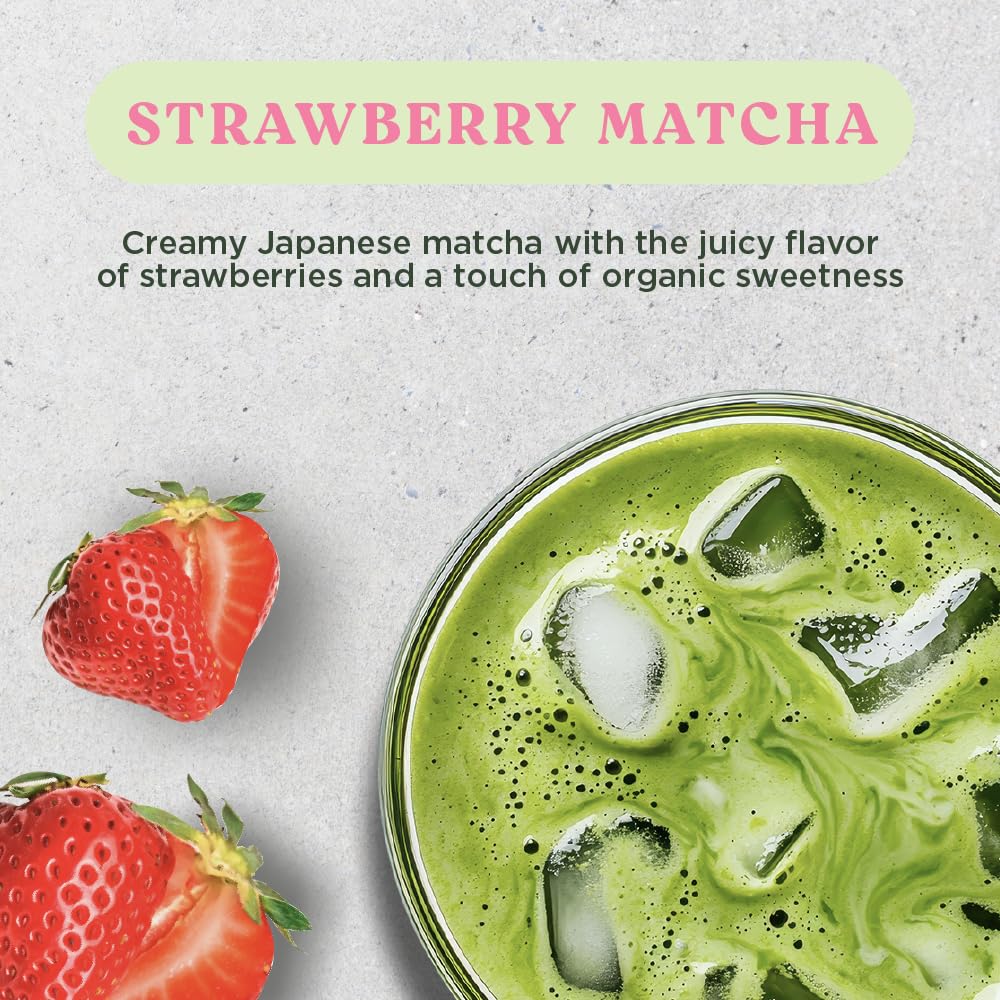 The Harmony Matcha Strawberry (10 Sticks) Premium Japanese Matcha Powder, Rich in Antioxidants & L-Theanine, Sweetened with Organic Sugar, No