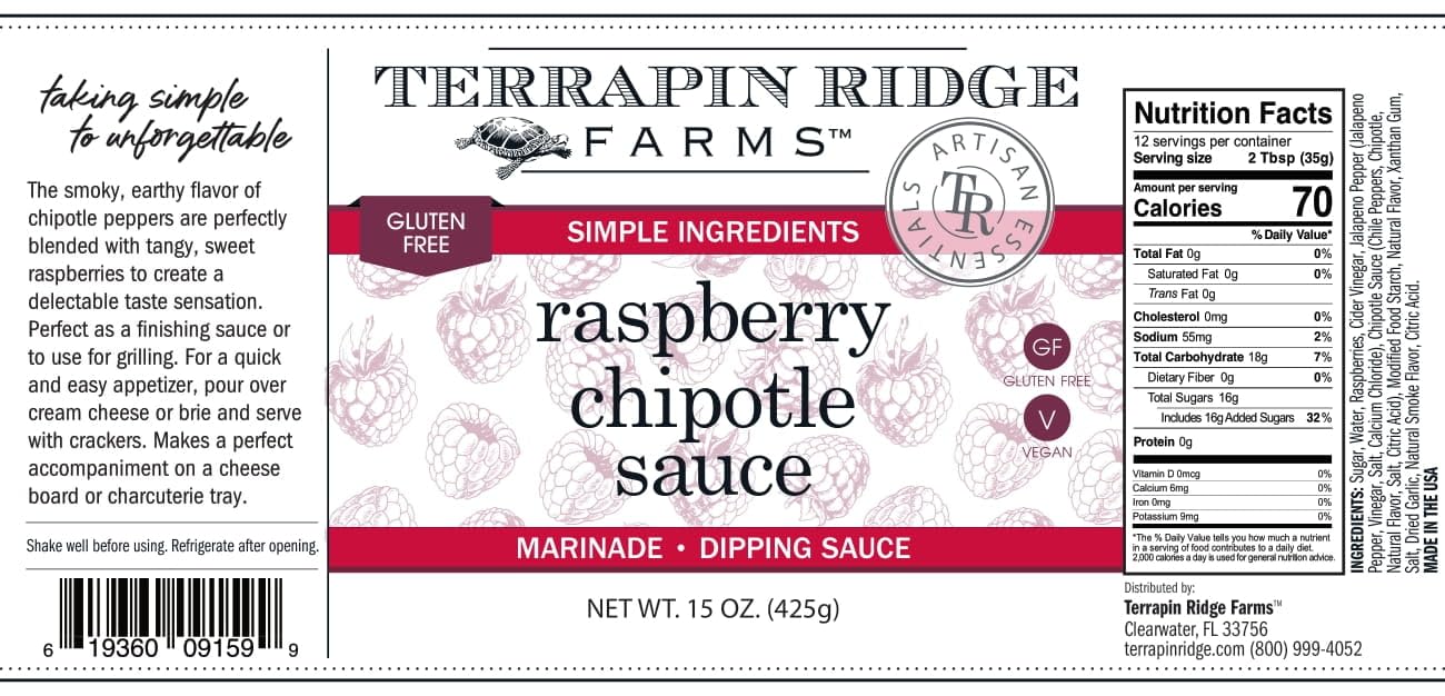 Terrapin Ridge Farms Raspberry Chipotle Sauce - Smokey & Sweet Condiment for Appetizers, Cheese & Charcuterie Boards, Gluten Free, Vegan - 15 fl oz