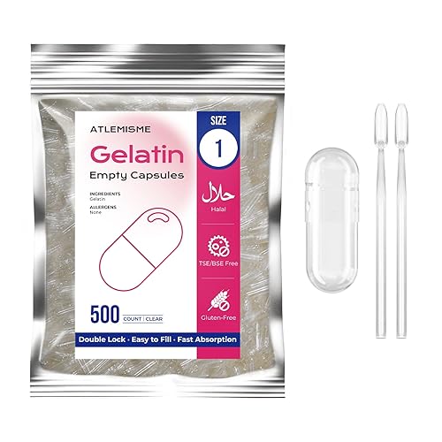 ATLEMISME Empty Gelatin Capsules Size 1 (500 Count) - Gel Caps for DIY Filling with 2 Micro Lab Spoons