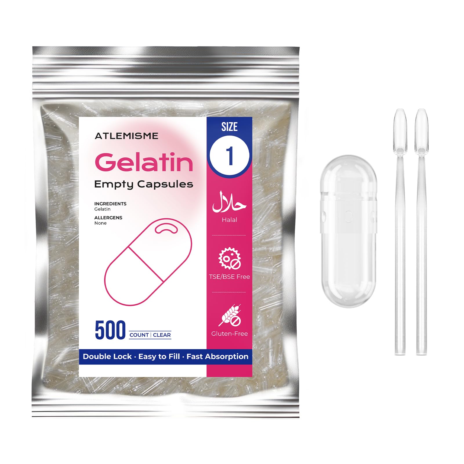 ATLEMISME Empty Gelatin Capsules Size 1 (500 Count) - Gel Caps for DIY Filling with 2 Micro Lab Spoons