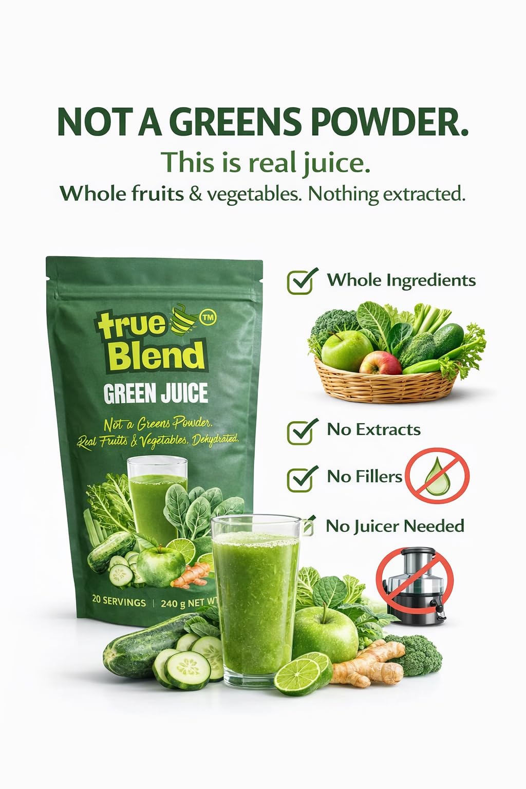 TrueBlend Green Juice Powder - Whole Fruit & Vegetable Drink Mix (240 g Pouch)
