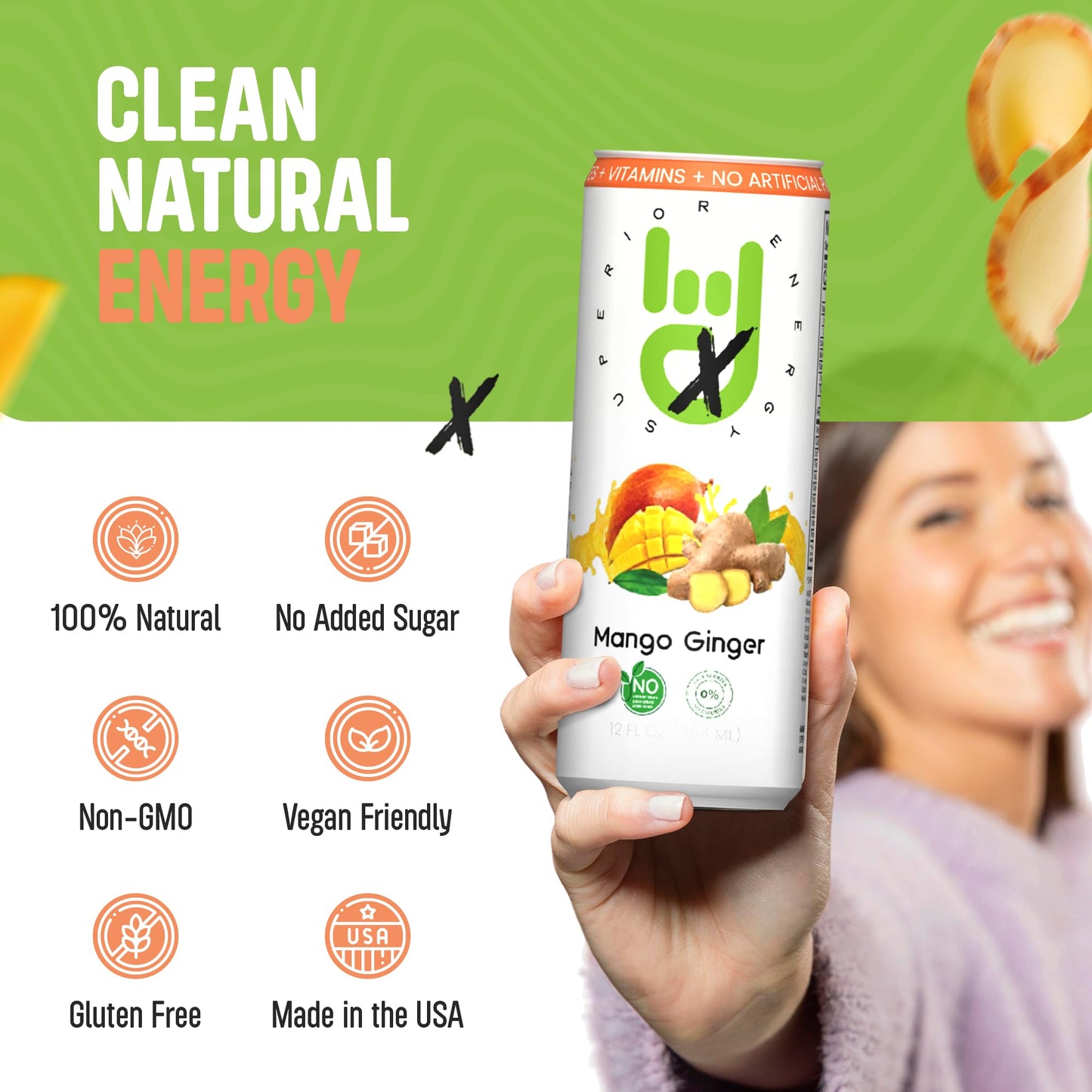 Superior Energy Electrolytes Drink Zero Calories - Energy Drink Zero Sugar - Mango Ginger Flavor, 90mg Natural Caffeine - Pack of 12 (12 fl oz each)
