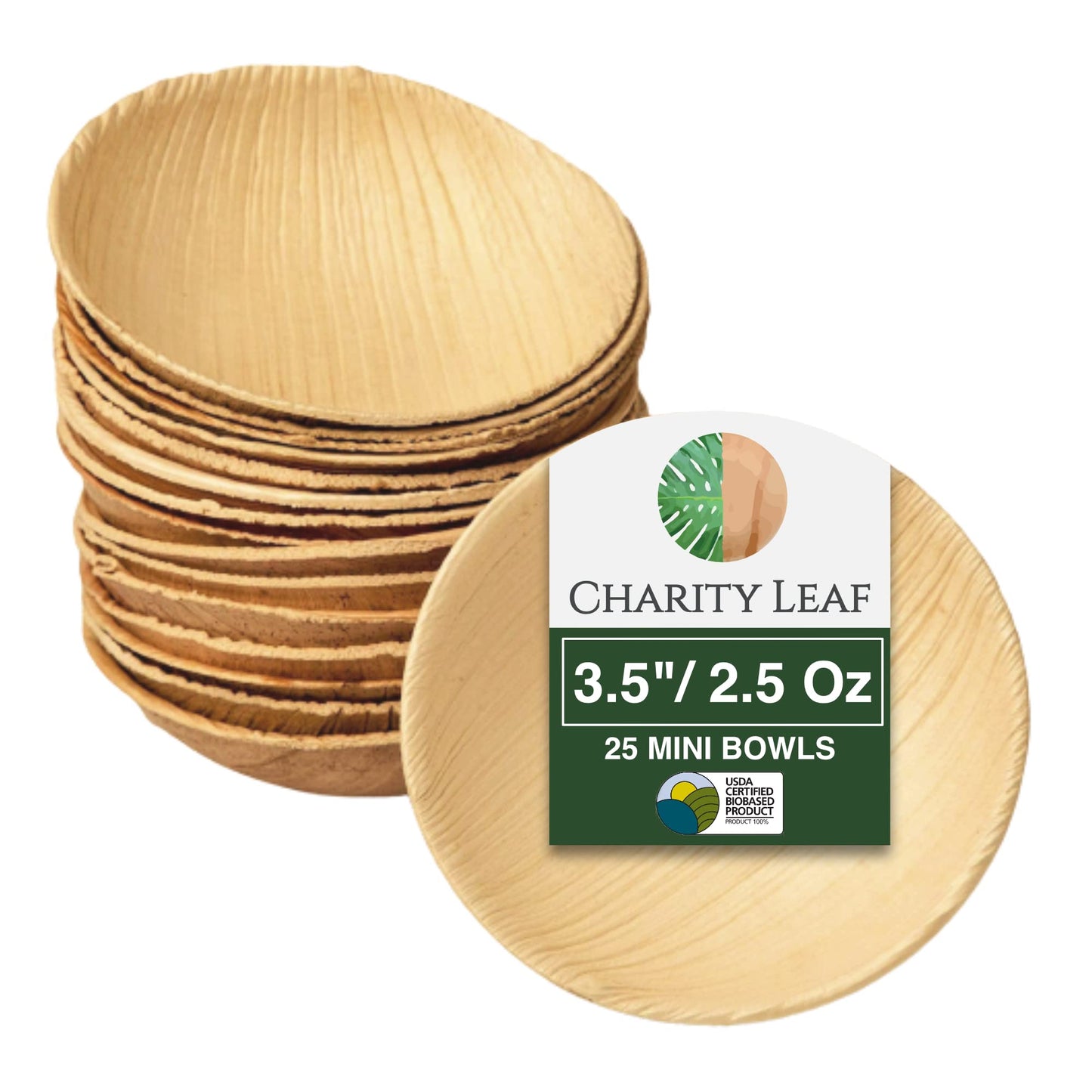 Charity Leaf Disposable Palm Leaf 3.5" Round Mini Bowl (25 pcs) Dipping Bowls | Bamboo Like| All Natural and Biodegradable | Charcuterie Boards, BBQs