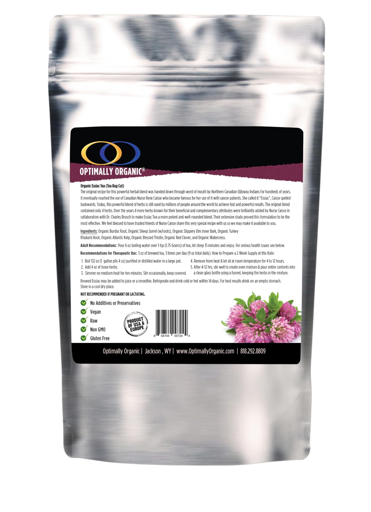 Optimally Organic ESSIAC Tea - Tea Bag Cut - 8 Herb Recipe by Rene Caisse! USA & EU Grown Burdock Root - Sheep Sorrel Whole Plant with Roots - Blessed