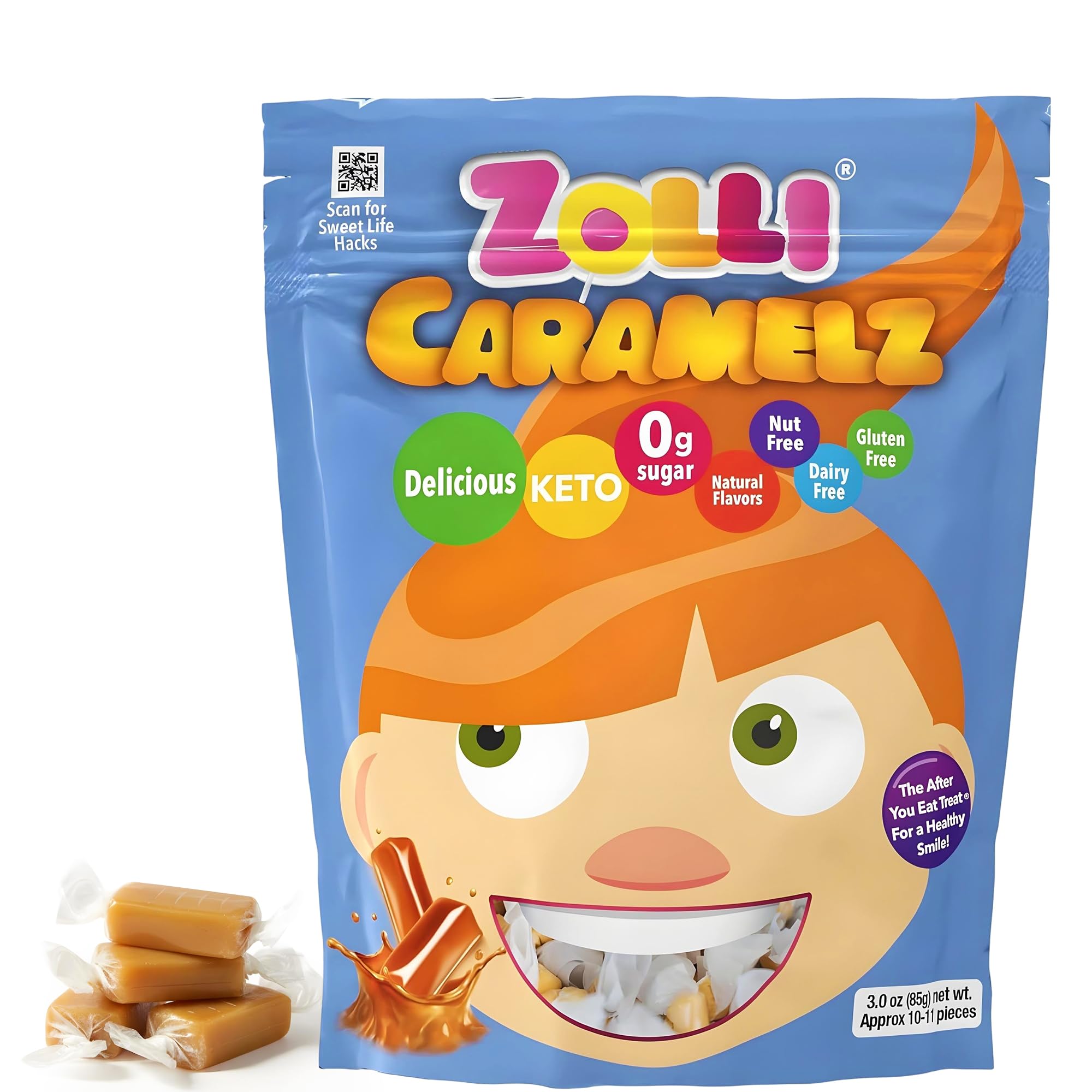 Zolli Caramelz Sugar-Free Candy - Creamy, Chewy, Dye-Free, Keto & Diabetic-Friendly Healthy Candy, Dentist-Approved Treats for Kids, 3 oz