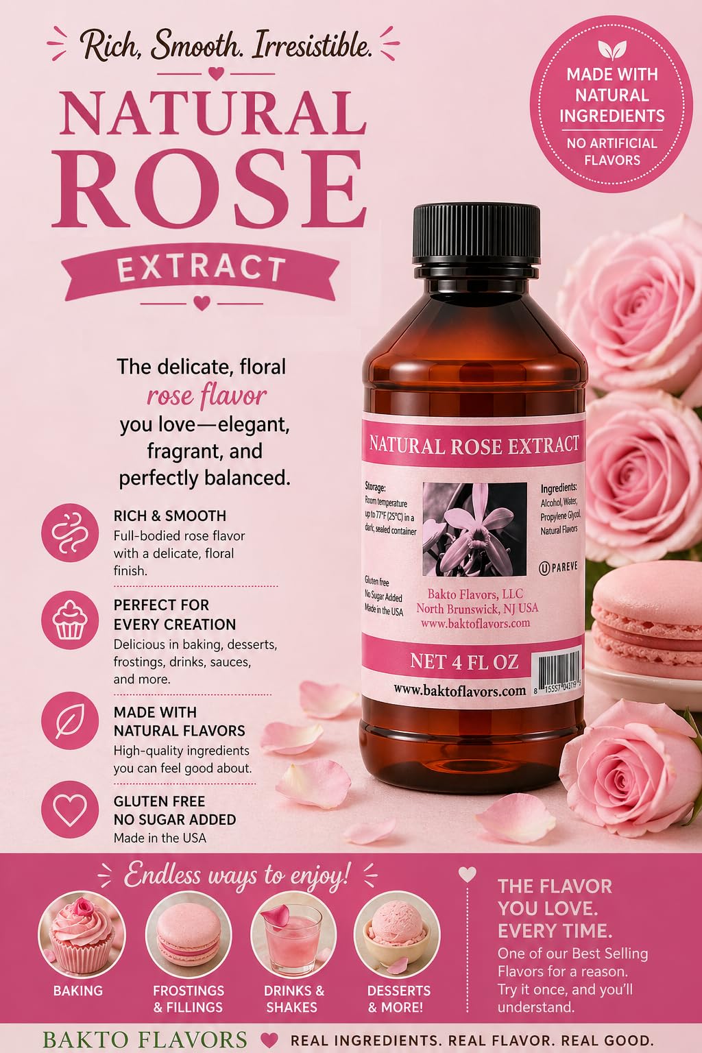 Bakto Flavors Natural Rose Extract, 4 Fluid Ounces