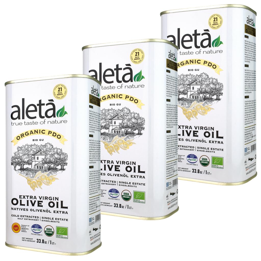 Aleta Farms Extra Virgin Olive Oil, USDA Organic, Single Estate PDO Polyphenol Rich, Cold Pressed, Global Gold Awards, Kosher, 33.8 Fl oz, (1 Ltr)