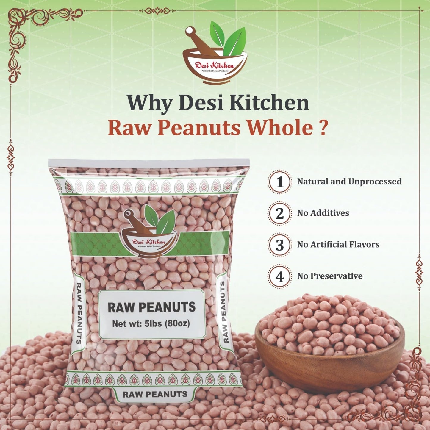Desi Kitchen Raw Peanuts Whole with skin (Uncooked, Unsalted) 5lbs (80oz) by Rani Foods Inc