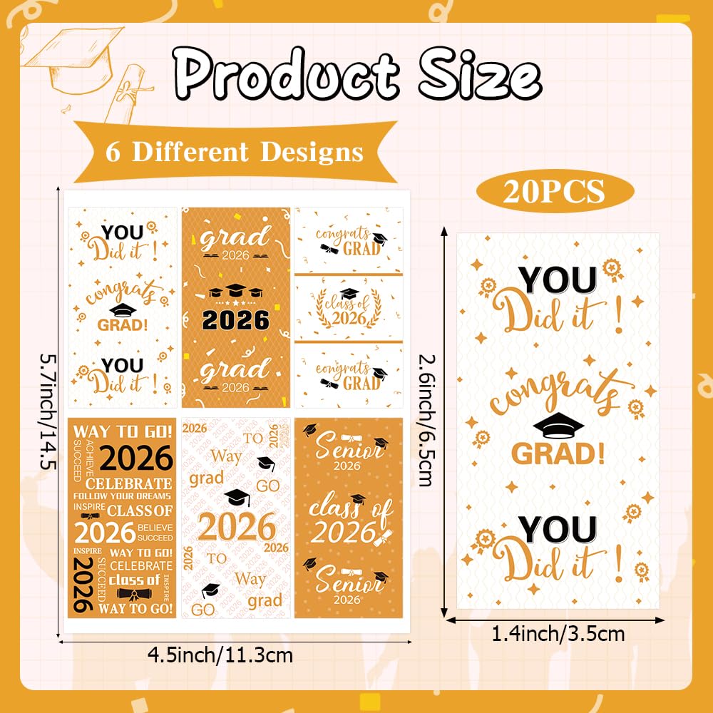 Graduation Party Decorations 2026 Graduation Label Stickers, 120PCS Congrats Grad Mini Gold White Candy Wrapper Class Of 2026 Chocolate Bar Stickers