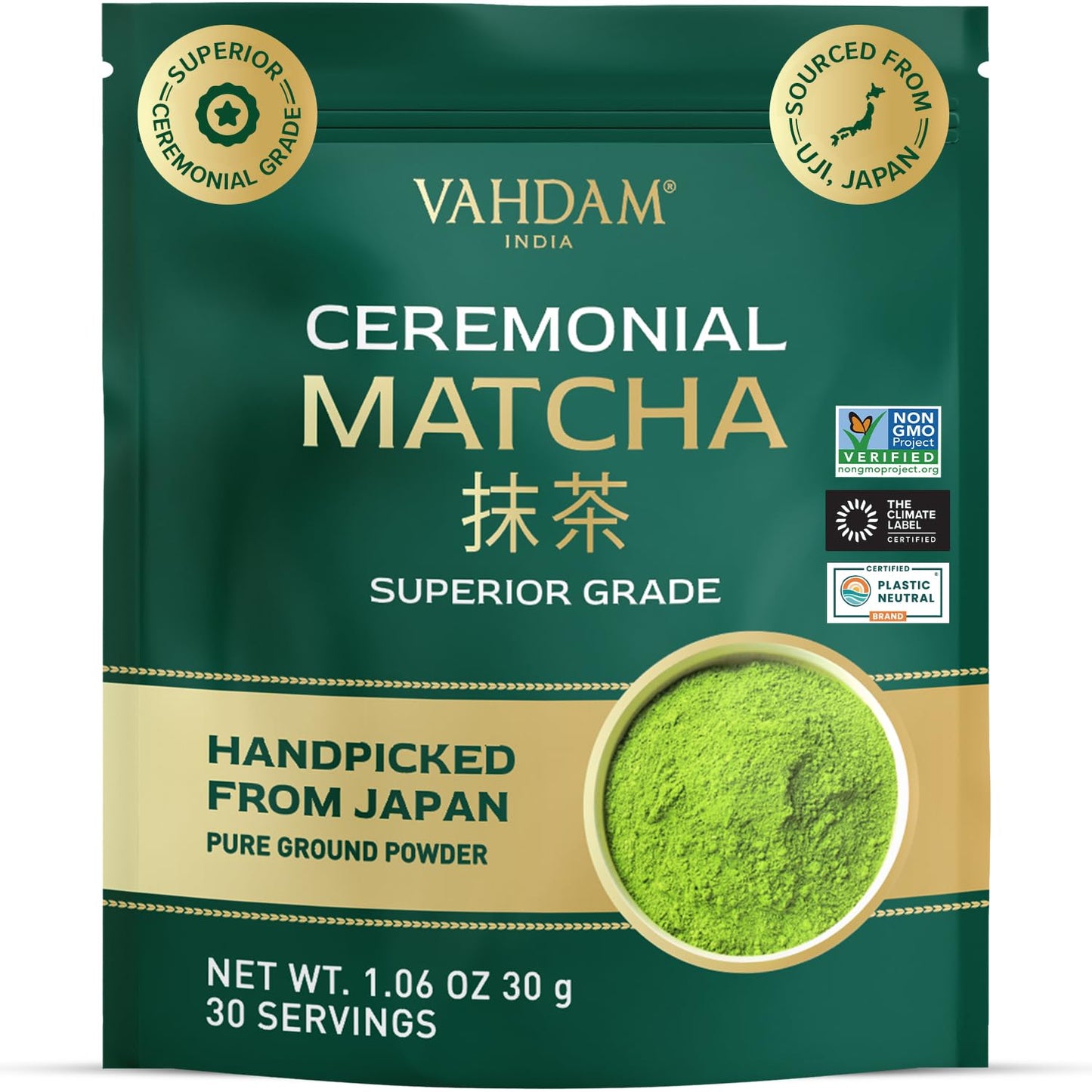 VAHDAM Ceremonial Matcha Green Tea Powder (30g) | Certified Ceremonial Grade Japanese Matcha | Handpicked from Uji, Japan | Smooth & Balanced Taste