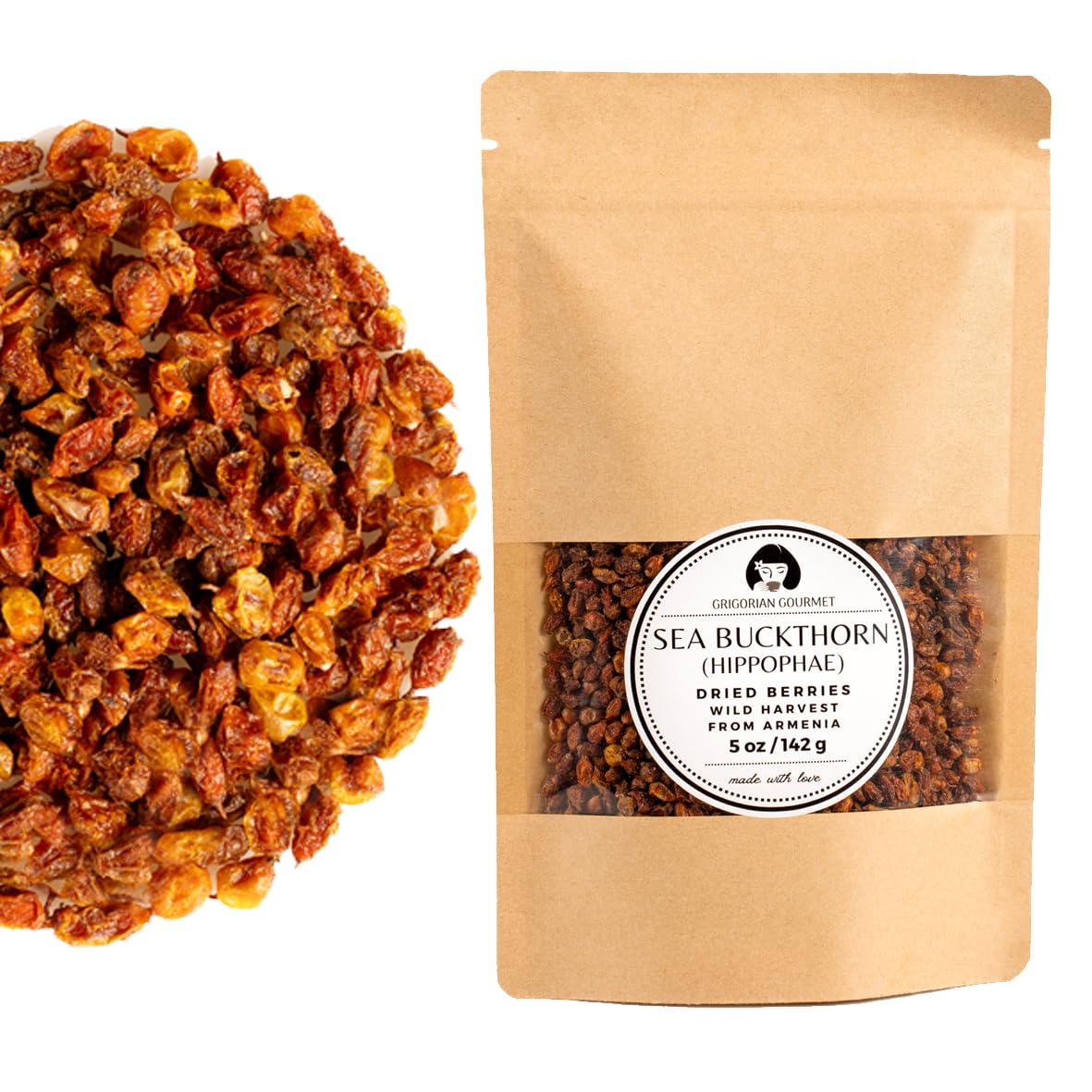 Sea Buckthorn Dried Berries (Hippophae) 5 OZ (142g) Wild Harvested | Natural Dried Whole Berries from Armenia | Perfect for Teas, Smoothies