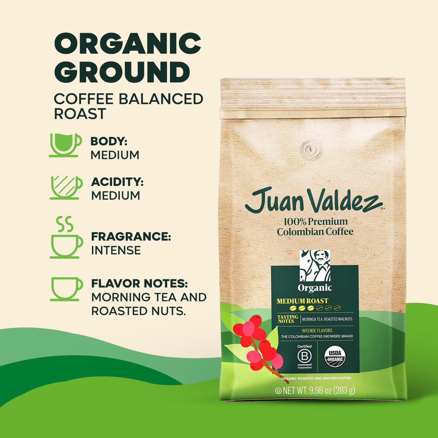 Juan Valdez Organic Ground Coffee, Balanced Roast 10 OZ - 100% Colombian Coffee USDA Organic Certified - 100% organic coffee free of chemicals in its