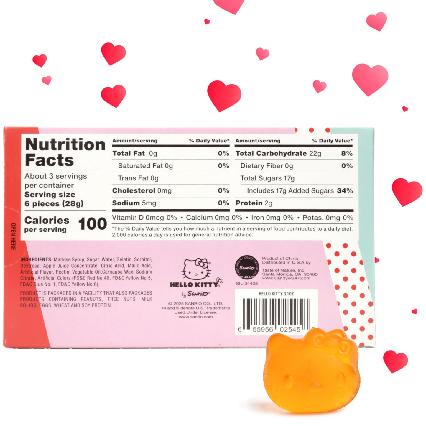 Valentine's Day Hello Kitty Gummies, Assorted Fruit Flavored, Theatre Box with To/From Section, Seasonal Candy Gift, 3.1 Ounce (Pack of 3)