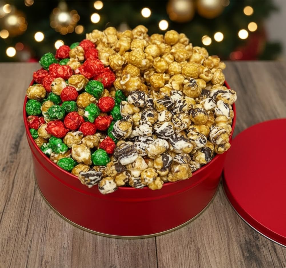 Christmas Popcorn Holiday Gift For Men Women Tin Assortment Caramel Candied Drizzled Food Gourmet Treats Red Green