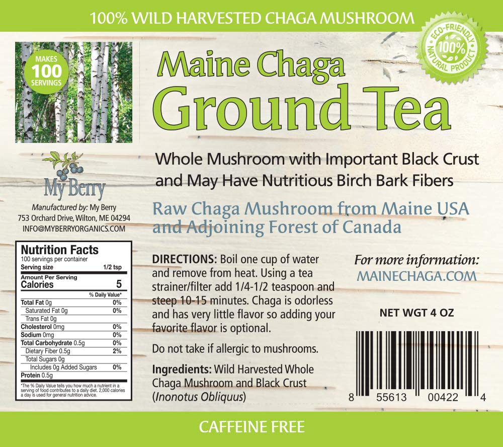 Chaga Ground Herbal Tea by My Berry | 100% Canadian Wild-Harvested | Additive-Free & Caffeine-Free | Coarse Ground Loose Tea | 4oz