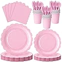 Zoonlinpp 112 PCS Pink Disposable Paper Plates Set Party Supplies Include 7'' Dessert and 9'' Dinner Plates, Napkins, Cups, Knives, Forks, Spoons