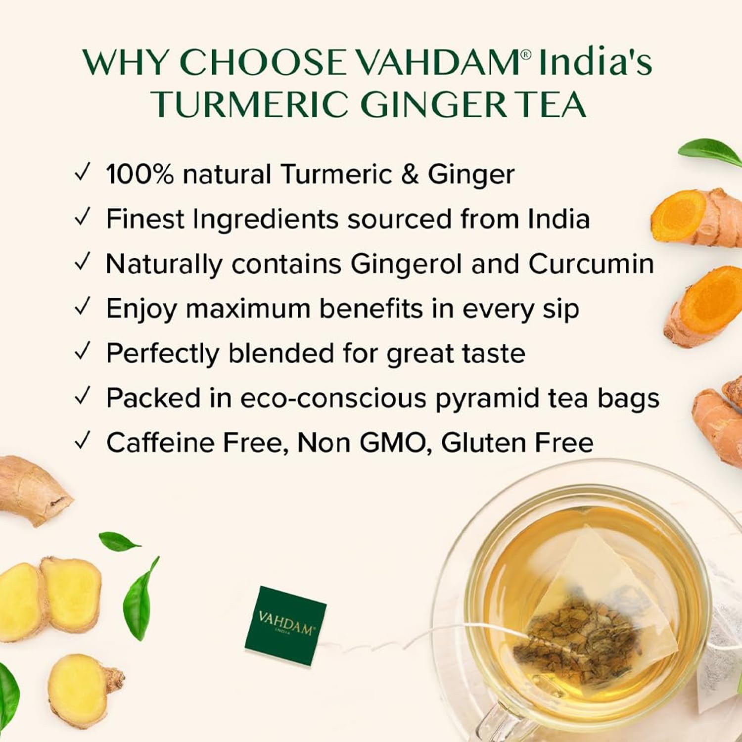 VAHDAM Organic Turmeric Ginger Herbal Tea Bags (100 Pyramid Tea Bags) Caffeine Free, Non GMO | 100% Pure Herbal Blend - Savory & Spicy, Plant-Based