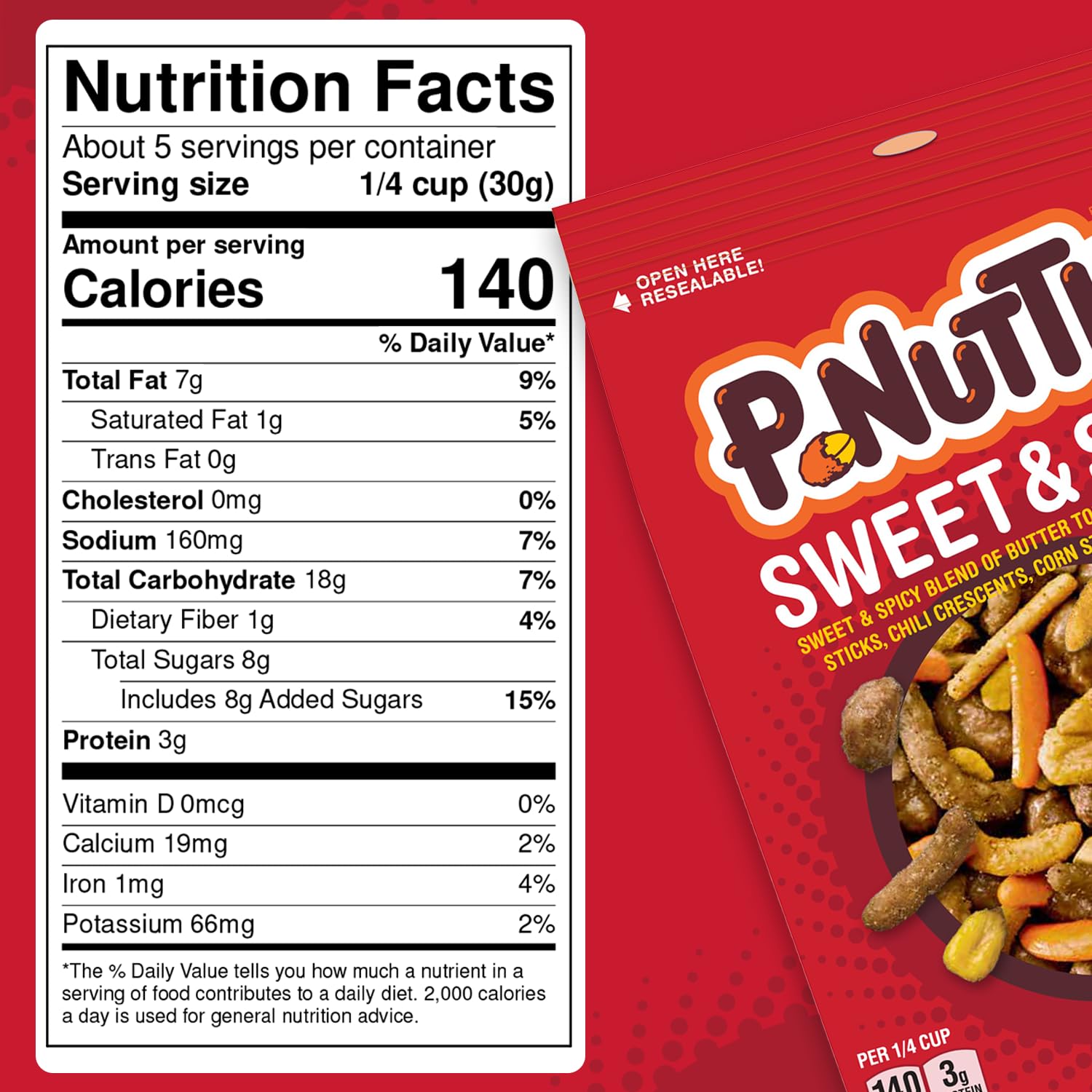 P-Nuttles Sweet & Spicy Snack Mix, 14oz Resealable Bag (Pack of 1) - Butter Toffee Covered Peanuts w/ Sesame Sticks, Chili Crescents, Corn Sticks