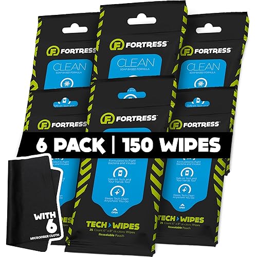 Fortress Electronic Wipes With Microfiber Cloth (25 ct, Pack of 6) To-Go Tech Wipes for Screens, Phones, Keyboards, TV Monitors, Computer Screens