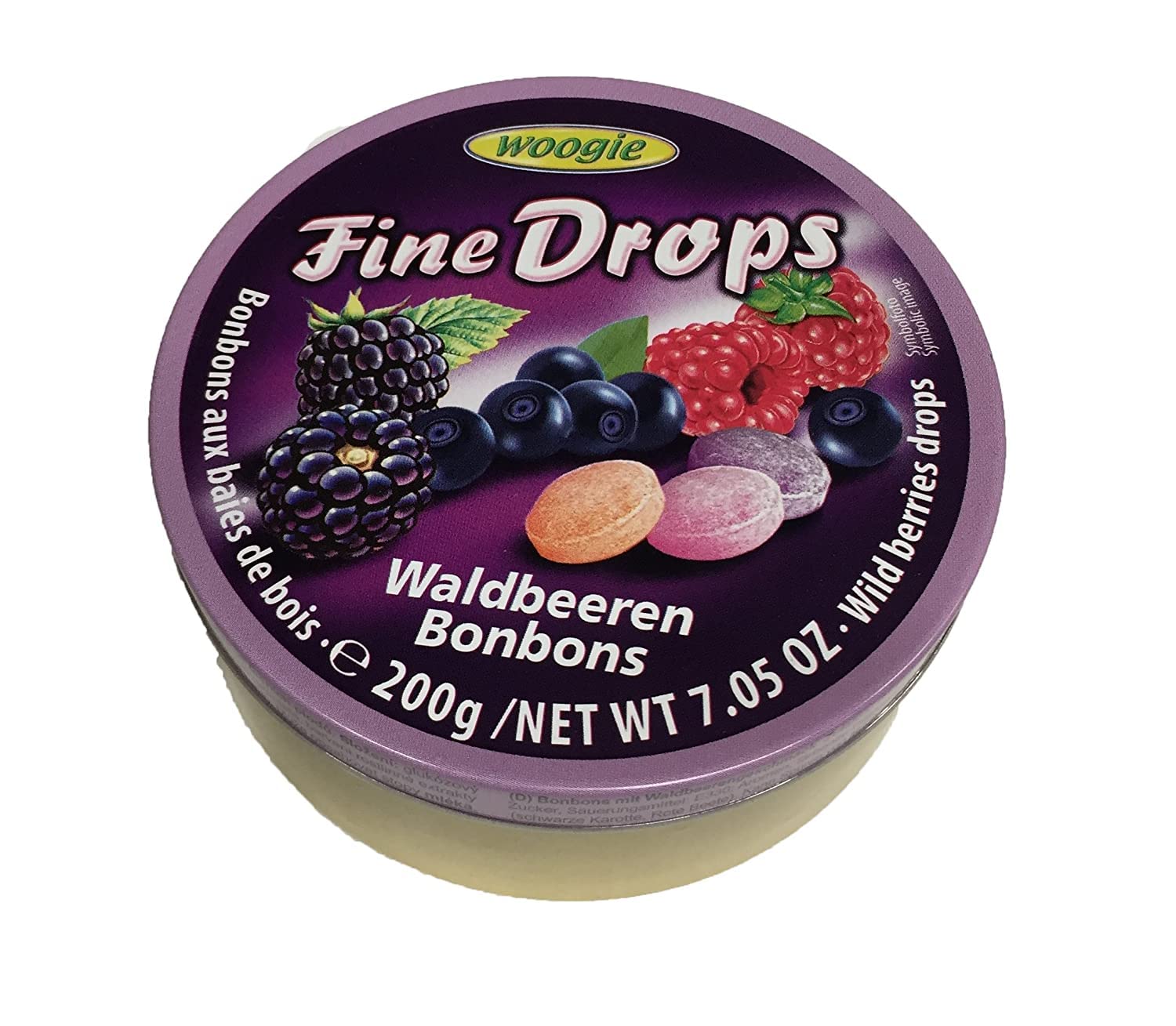 Woogie Refreshing Fine Drops of Wild Berry Candies(Forest Berries Bonbons) in Easy Resealable Round Can For Fresh Breath, Delicious Snack 200 g / 7.05