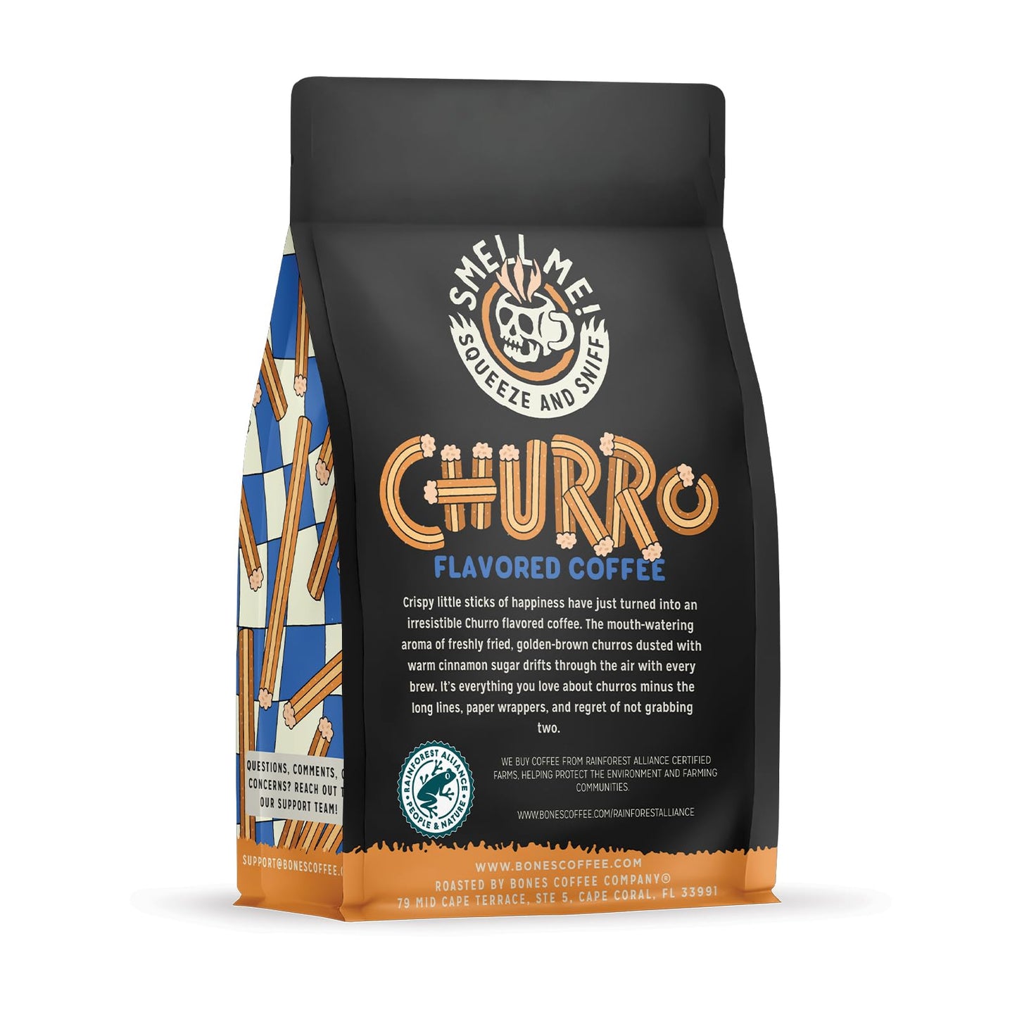 Bones Coffee Company Churro, Sweet Sugary Cinnamon Flavored Coffee, Medium Roast Low Acid Arabica Beans Compatible with Auto drip and French Press