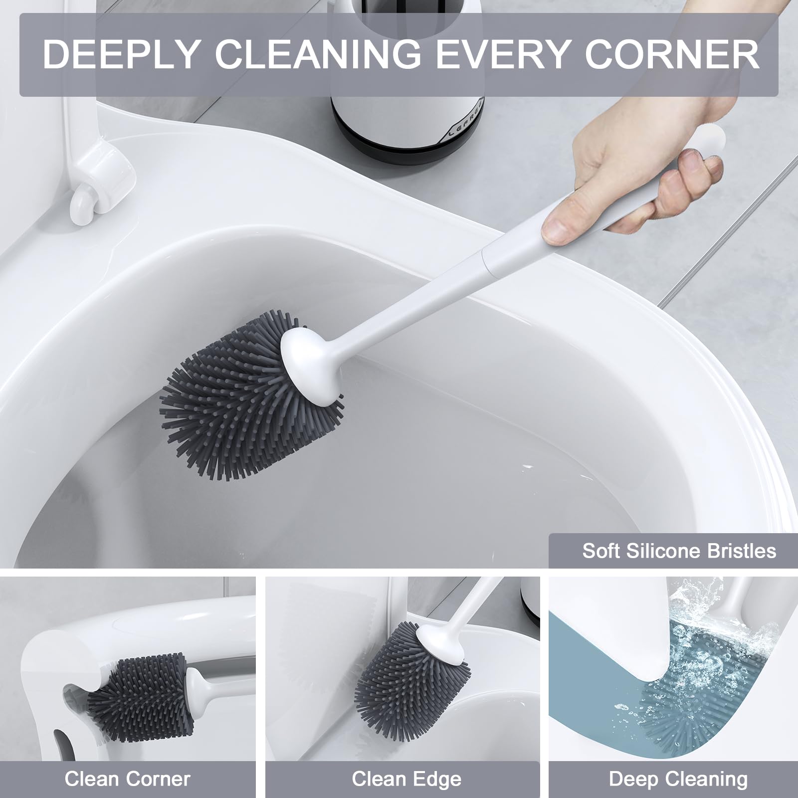 Lefree Silicone Toilet Brush,Rubber Toilet Bowl Brush and Holder Set with Ventilated Holder, Toilet Cleaner Brush for Bathroom,Floor Standing & Wall